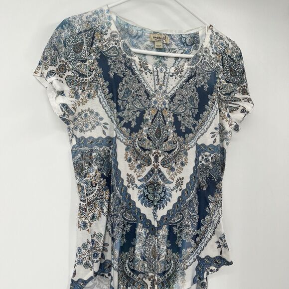 One World Small SS Blouse Paisley Y2K Boho Festival Hippie Fairy Rhinestones - Picture 2 of 8